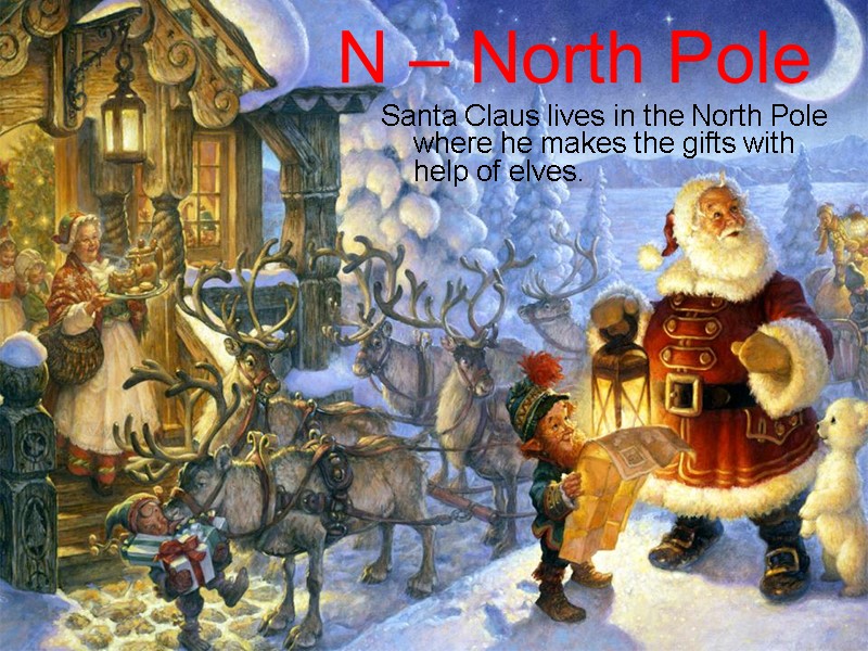 N – North Pole Santa Claus lives in the North Pole where he makes